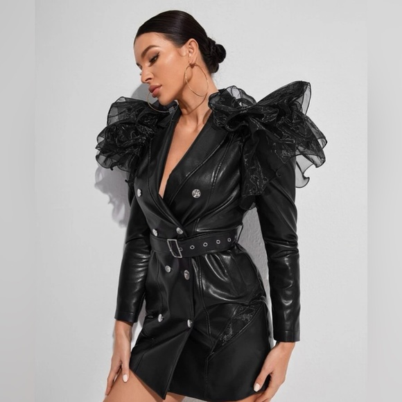 Exaggerated Ruffle Double Button Belted PU Leather Blazer Dress Size S - Picture 2 of 8